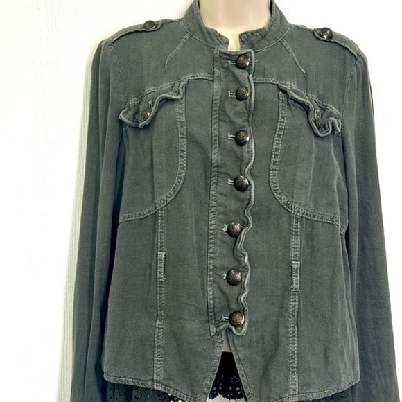 Free People - Emilia Linen Blend Military Olive Color Lace Trim Army Jacket XS - Picture 7 of 14